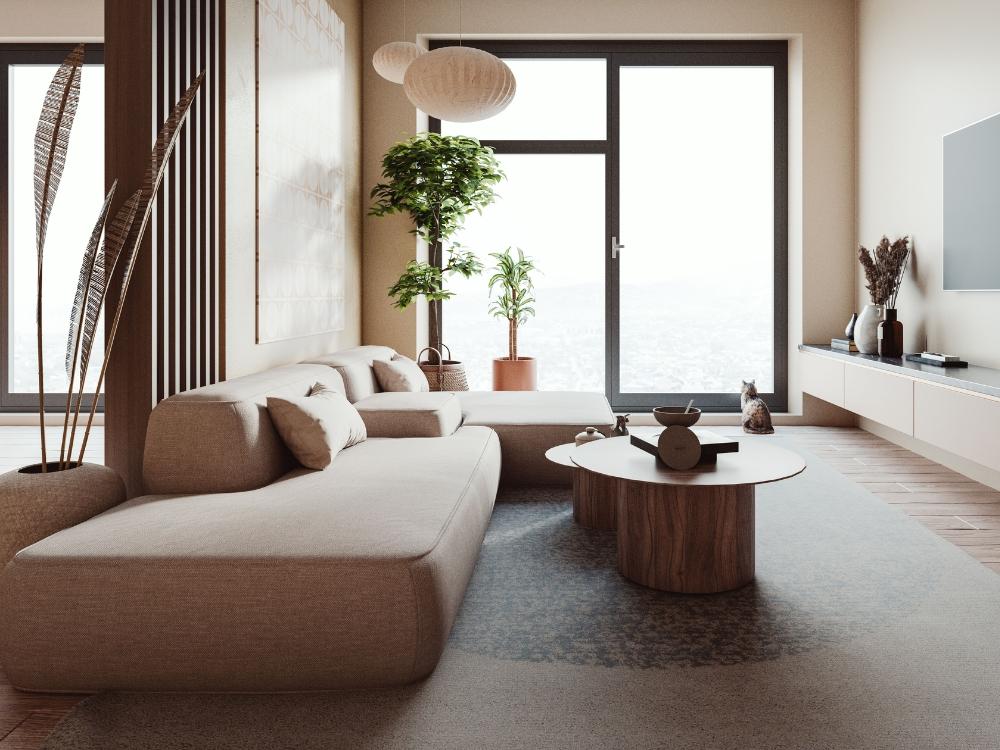 Phòng khách phong cách Japandi với nội thất gỗ sồi, màu sắc nhẹ nhàng