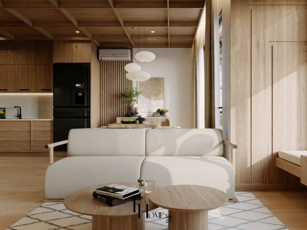 Phòng khách phong cách Japandi với nội thất tối giản, màu sắc trung tính như trắng, be