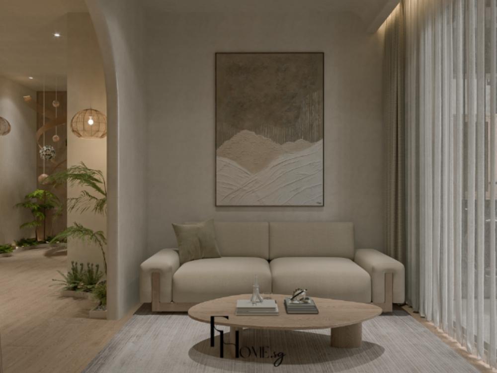 Phòng khách phong cách Japandi với sofa lanh thô, bàn trà gỗ sồi sáng màu và cây xanh