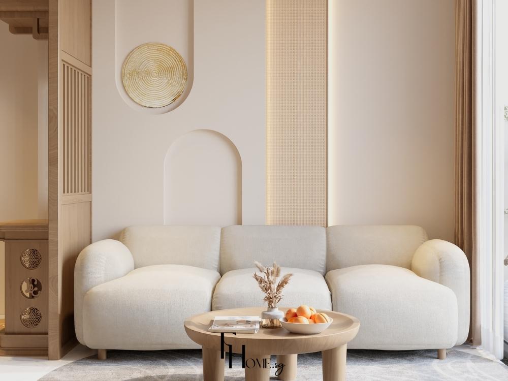 Phòng khách phong cách Japandi với sofa và bàn gỗ sồi, kết hợp vật liệu lanh tạo không gian ấm cúng và thư giãn