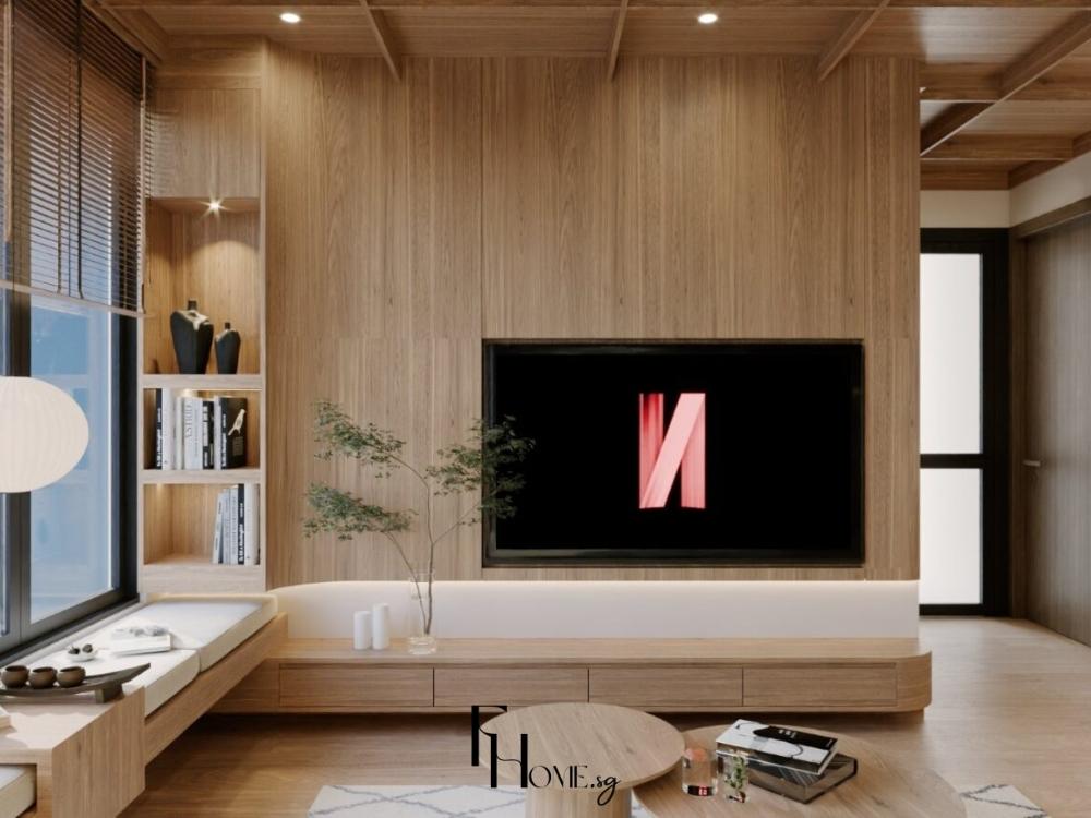 Phòng khách phong cách Japandi với sofa vải be, bàn cà phê gỗ sồi thấp, thảm len sáng màu và cây xanh điểm xuyết