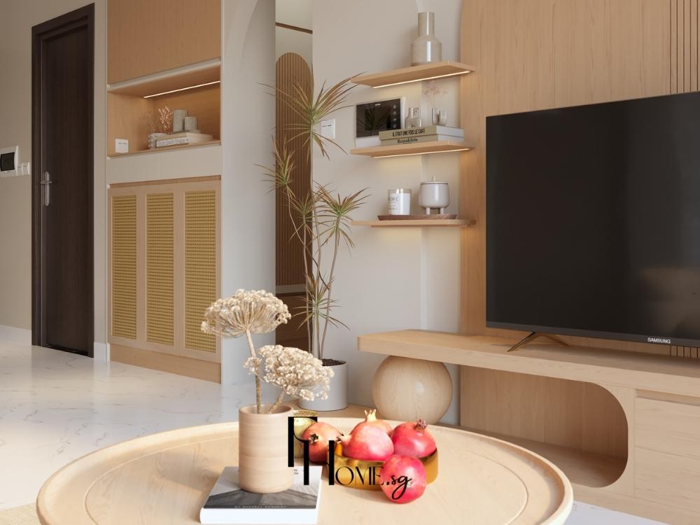 Phòng khách phong cách Mix & Match với sự kết hợp giữa sofa hiện đại và bàn gỗ cổ điển, tạo nên không gian đầy cá tính và chiều sâu