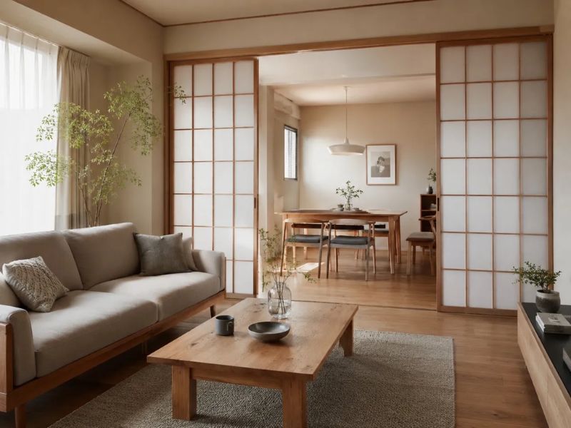 Phòng khách phong cách Nhật Bản cửa trượt Shoji giấy mờ khung gỗ ngăn phòng ăn sofa vải be bàn trà gỗ thấp cây xanh