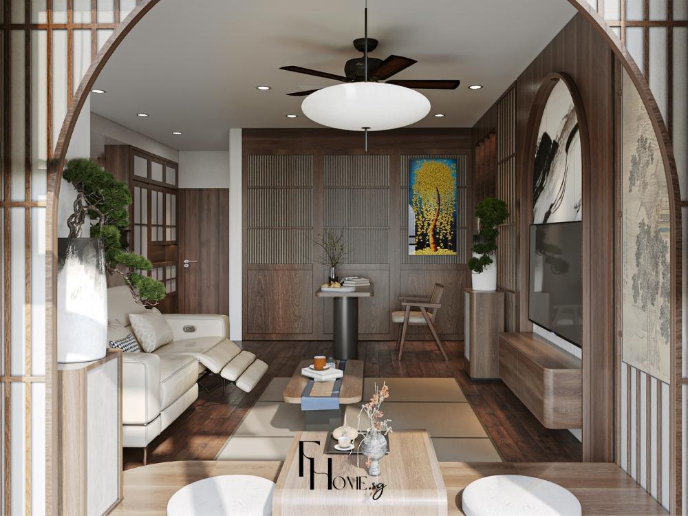 Phòng khách phong cách Nhật Bản được trang trí với các món đồ nội thất từ gỗ sồi, tre vàng và mây