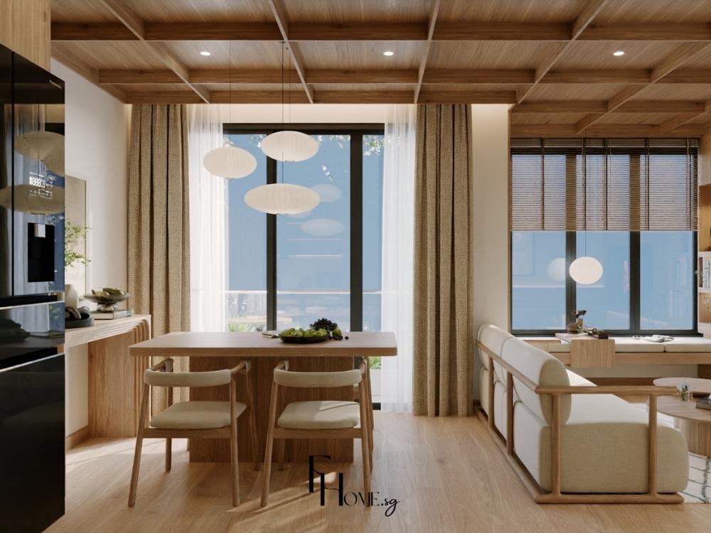 Phòng khách phong cách Nhật Bản sử dụng bảng màu nhẹ nhàng với nâu gỗ ấm áp, nâu đất trầm ổn, trắng ngà tinh khôi và xanh lá cây tươi mát