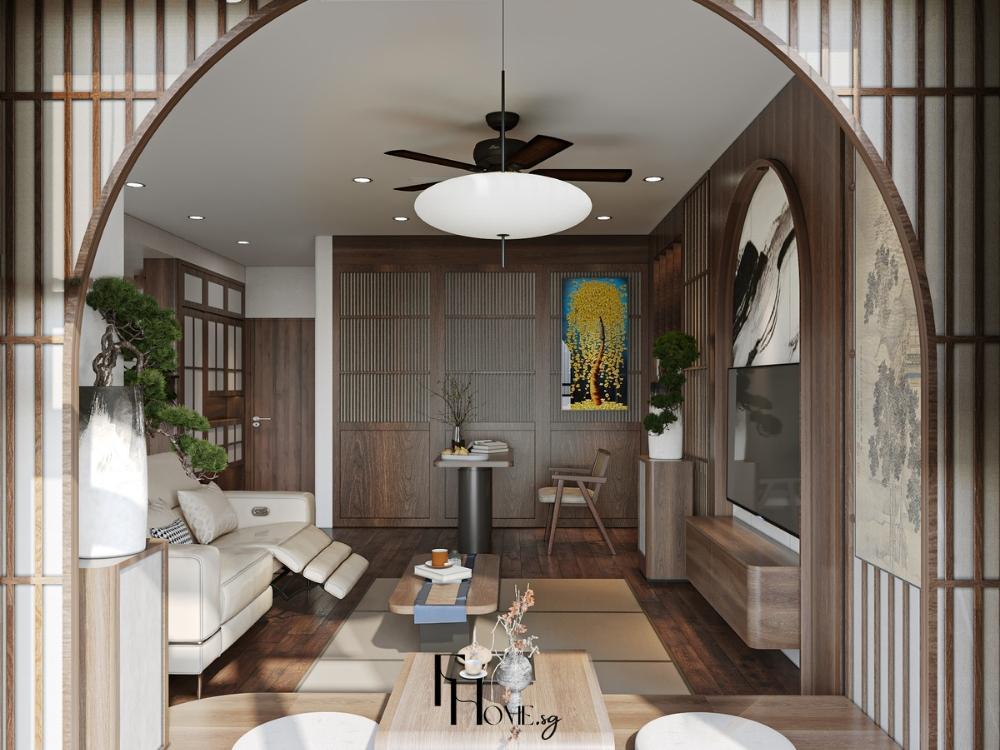 Phòng khách phong cách Nhật Bản, tối giản với gỗ thông, tre, giấy Washi và tông màu trung tính