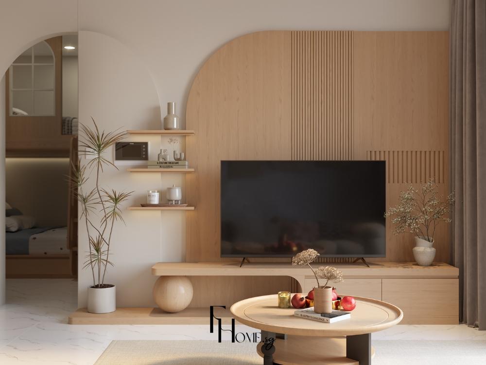 Phòng khách phong cách Nhật Bản trong căn hộ nhỏ được thiết kế mở, gam màu sáng và nội thất gọn gàng giúp không gian trở nên thoáng đãng