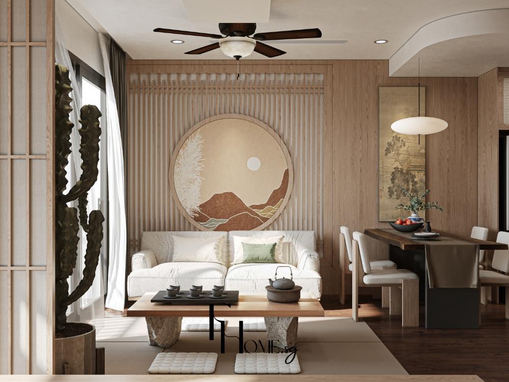 Phòng khách phong cách Nhật Bản với cửa trượt Shoji, bàn trà thấp và đệm ngồi Zabuton tạo nên không gian tiếp khách thân mật