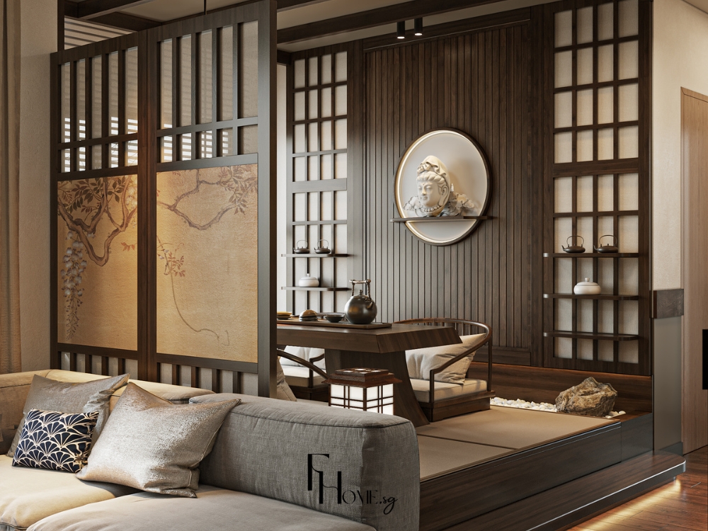 Phòng khách phong cách Nhật Bản với bàn trà bằng gỗ, sàn gỗ sáng màu và cửa sổ lớn