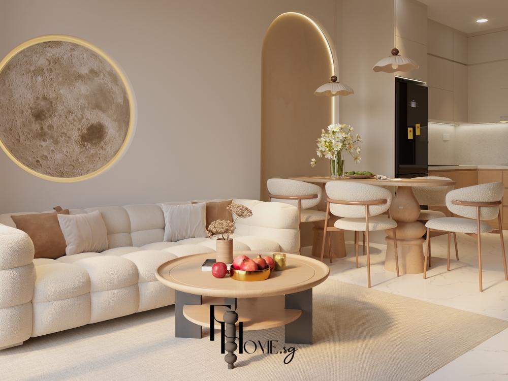 Phòng khách phong cách Nhật Bản với ghế sofa thấp bọc vải màu be, bàn trà gỗ đơn giản