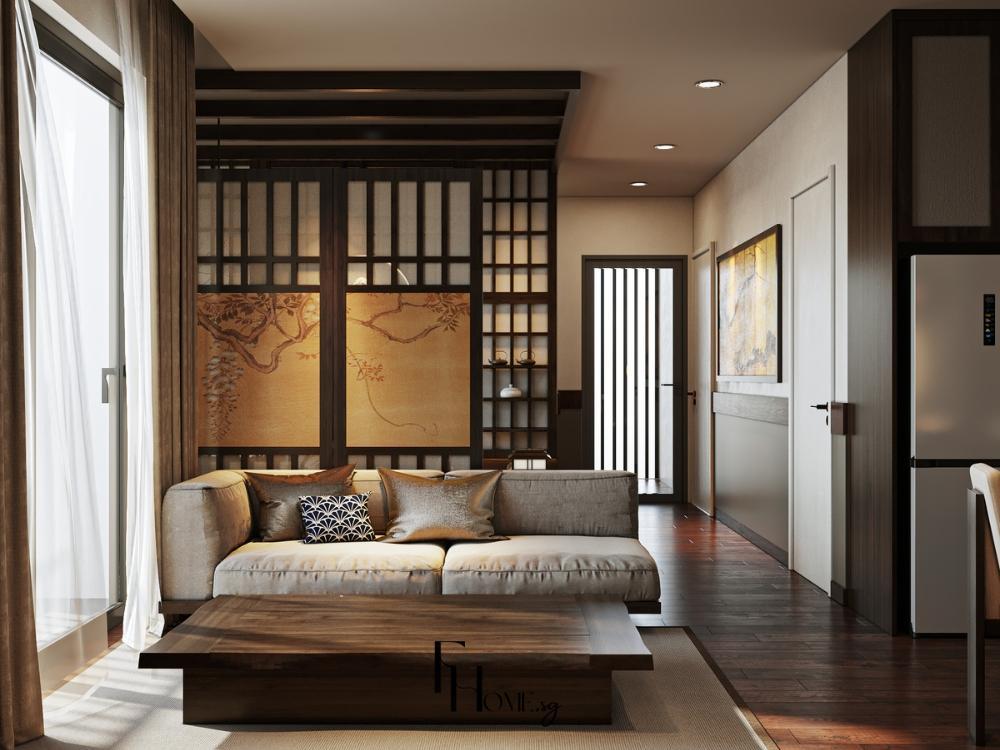 Phòng khách phong cách Nhật Bản với sofa tối giản, bàn gỗ thấp