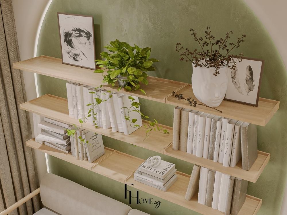 Phòng khách phong cách Nhật kết hợp cây xanh trên kệ decor, cân bằng ánh sáng và mang đến bầu không khí an yên