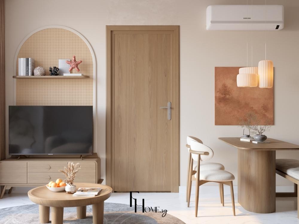 Phòng khách phong cách Nhật sử dụng nội thất gỗ sồi và tre tự nhiên, tông màu sáng mang lại cảm giác thư thái, ấm áp