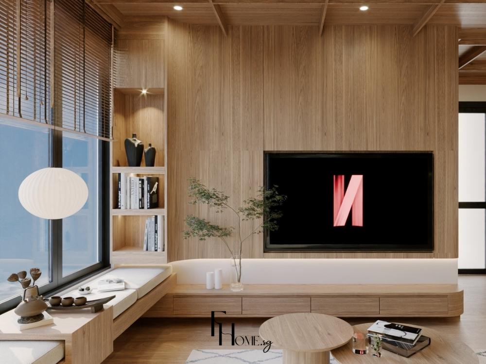 Phòng khách phong cách Nhật tông nâu ấm, nhấn vào sự cân bằng giữa ánh sáng tự nhiên và vật liệu gỗ tự nhiên