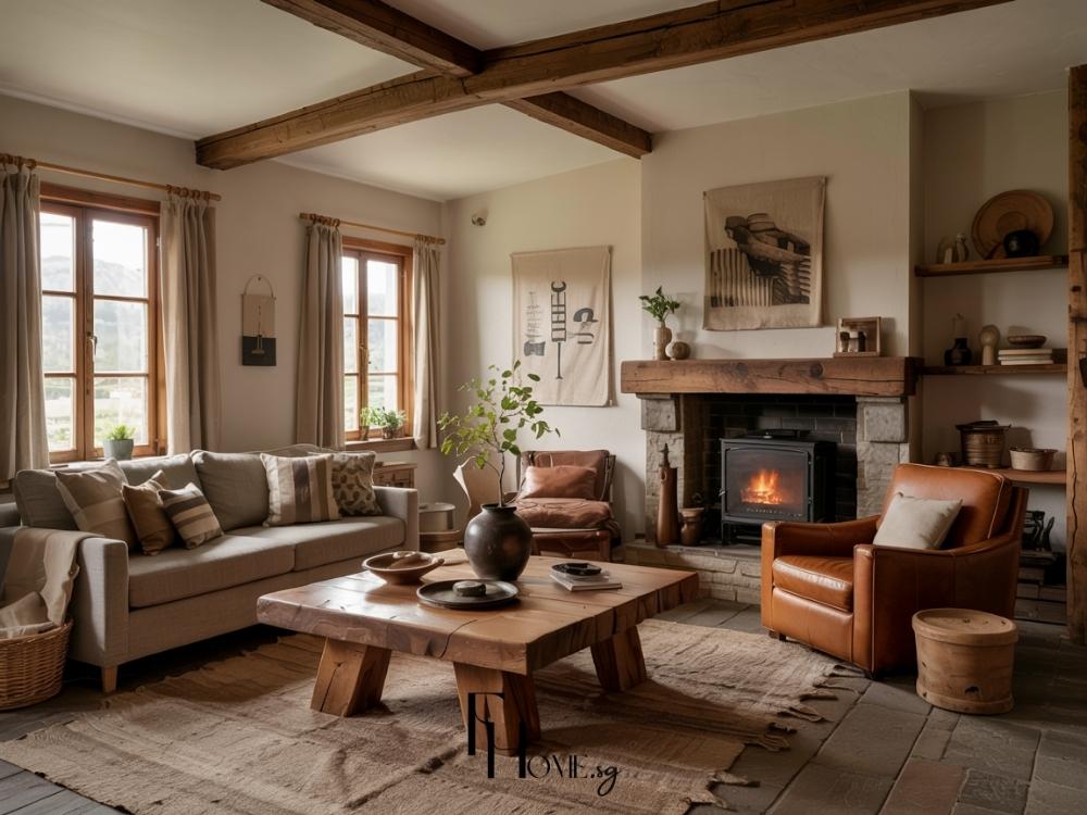 Phòng khách phong cách Rustic mang vẻ đẹp mộc mạc và ấm áp, với chất liệu gỗ tự nhiên, đá thô và gam màu đất
