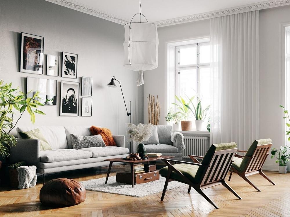 Phòng khách phong cách Scandinavian với bàn ghế thấp kết hợp cửa số lớn