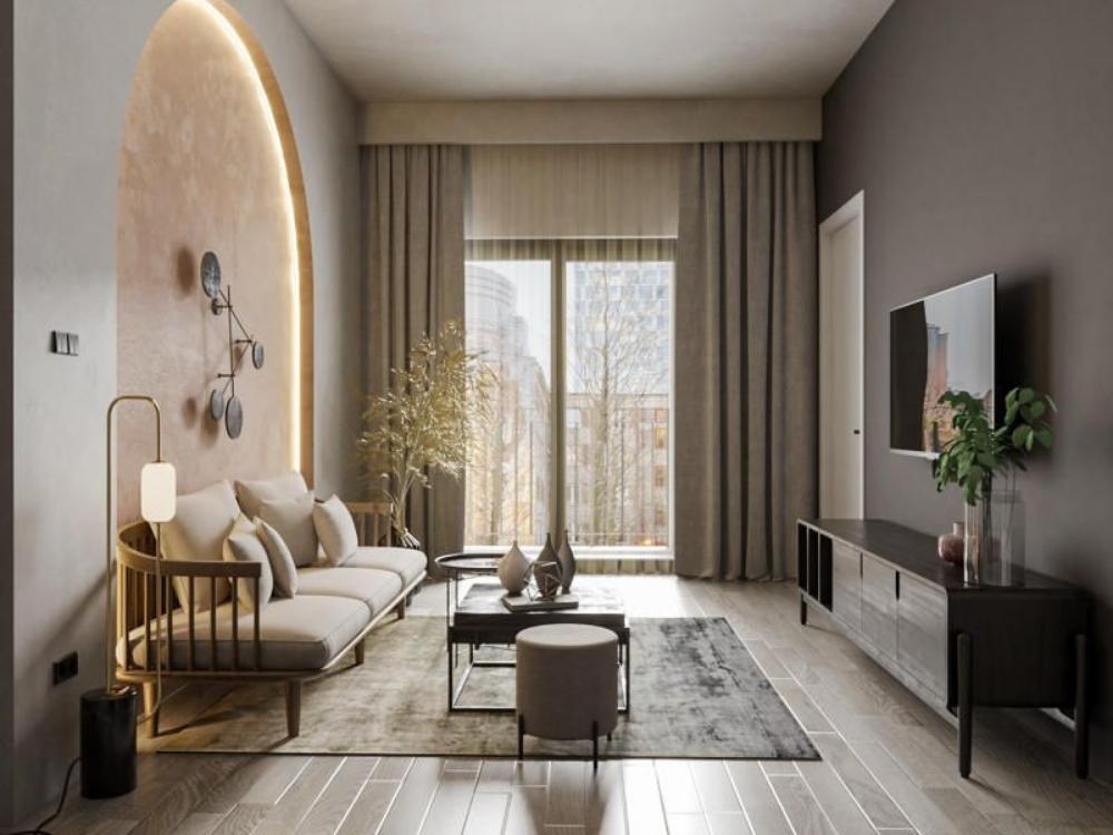 Phòng khách phong cách Scandinavian với gam màu trắng, xám nhạt, be kết hợp gỗ sáng màu