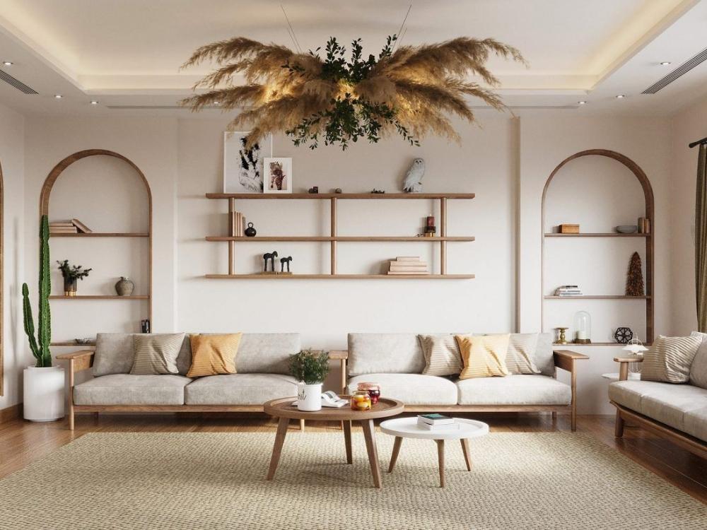 Phòng khách phong cách Scandinavian với sofa vải, bàn gỗ sáng màu và thảm mềm