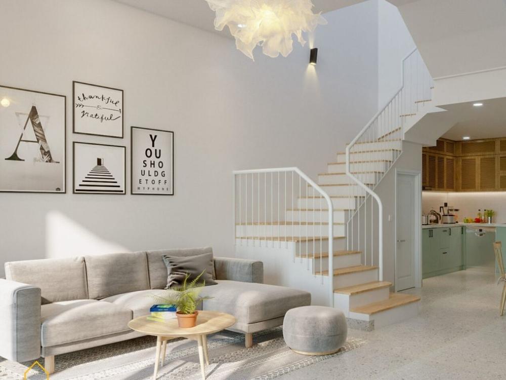 Phòng khách phong cách Scandinavian với tường trắng và nội thất gỗ sáng màu