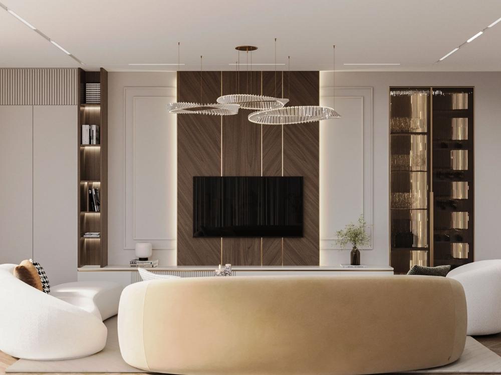 Phòng khách phong cách Tân cổ điển với nội thất sang trọng, bố trí đối xứng và tinh xảo