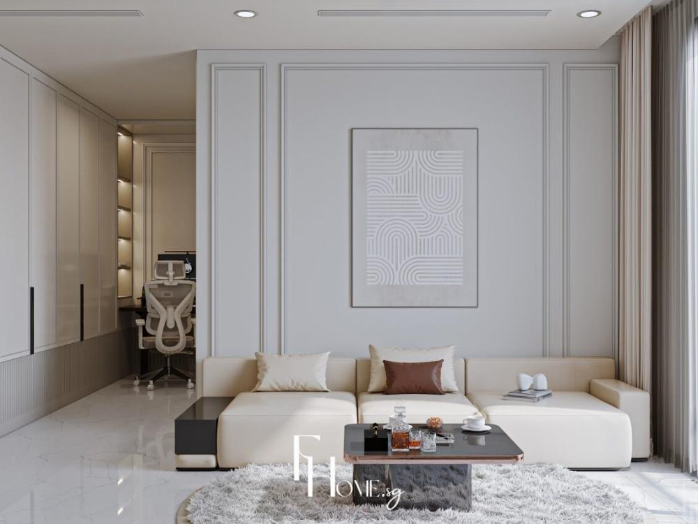 Phòng khách phong cách Tân cổ điển với sofa bọc nhung màu kem, bàn trà gỗ tự nhiên, đèn chùm pha lê