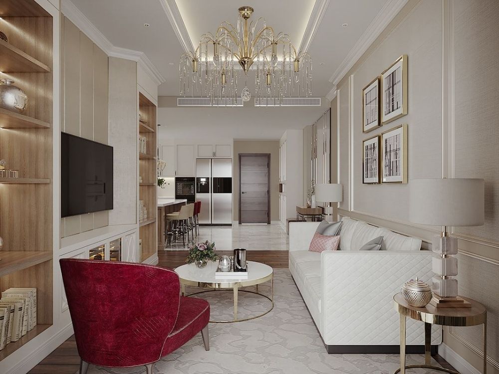 Phòng khách phong cách Tân cổ điển với sofa bọc vải cao cấp, bàn trà đá hoa cương