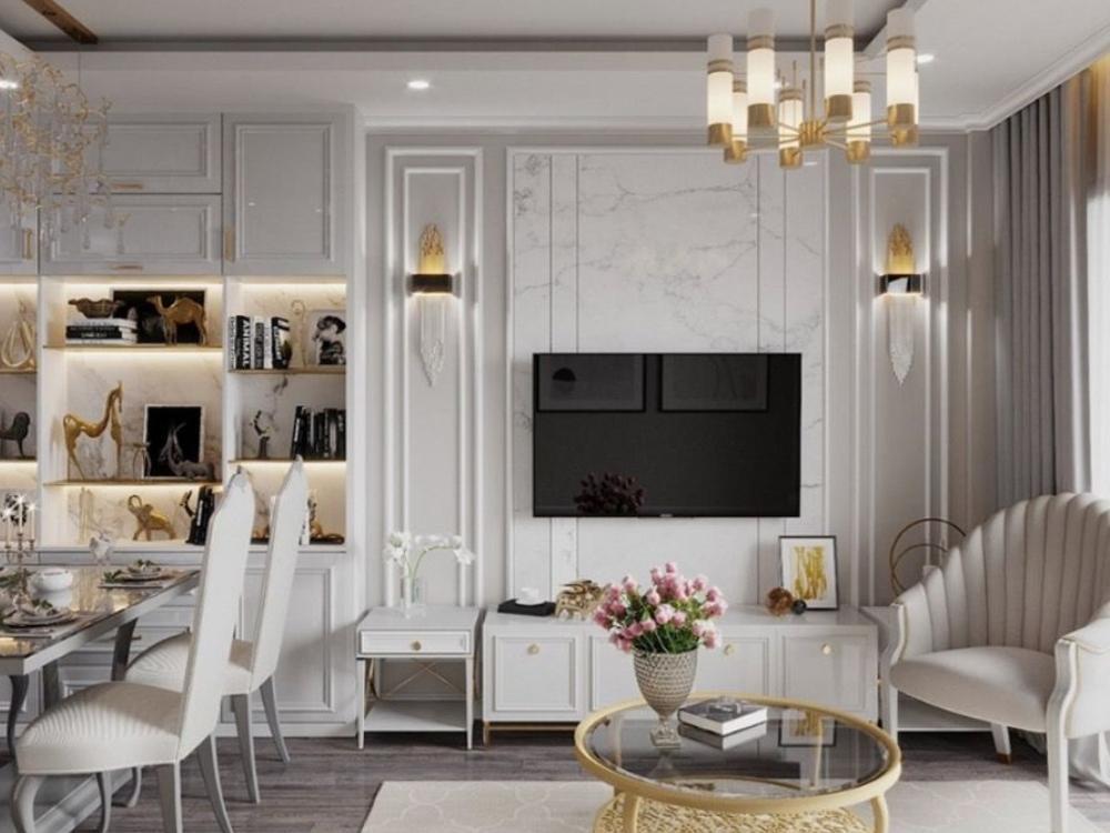 Phòng khách phong cách Tân cổ điển với sofa nhung, bàn gỗ chạm khắc và đèn chùm pha lê