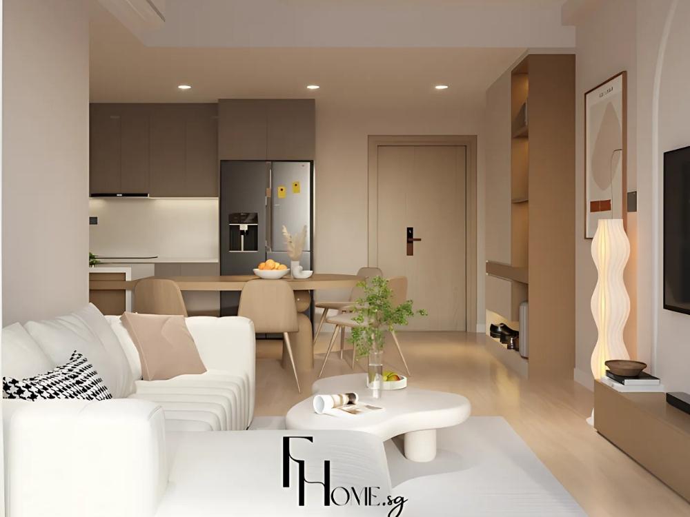 Phòng khach liên thông với phòng bếp tạo không gian thoáng đoãng