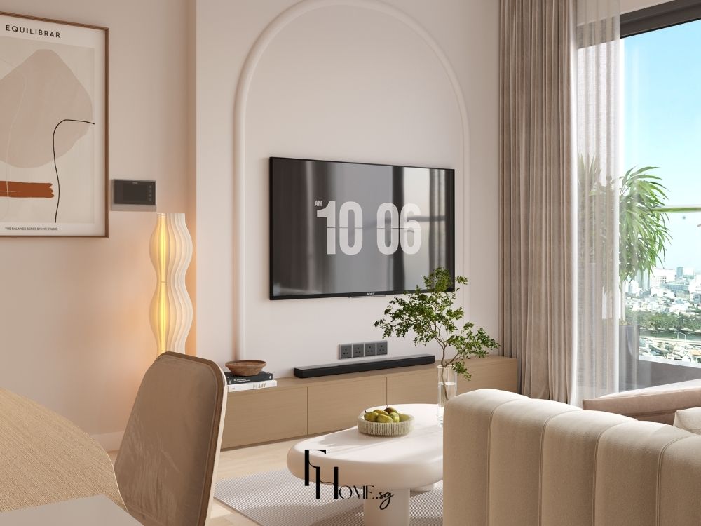 Phòng khách phong cách Tối giản liên thông với phòng bếp