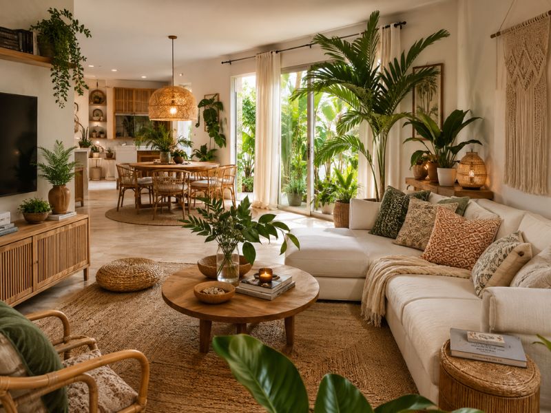 Phòng khách phong cách Tropical Boho với sofa sáng màu, bàn gỗ tròn, đèn mây tre và nhiều cây xanh