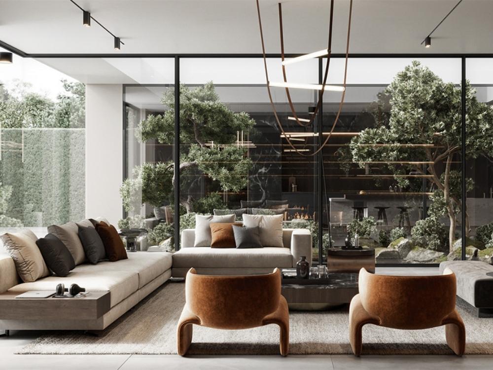 Phòng khách phong cách Tropical Modern kết hợp vật liệu tự nhiên và thiết kế hiện đại, tạo không gian thoáng mát