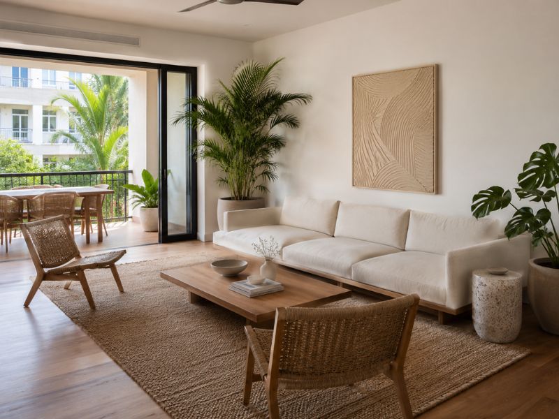 Phòng khách phong cách Tropical Modern với sofa kem, bàn gỗ, ghế mây, cây xanh và cửa mở ra ban công