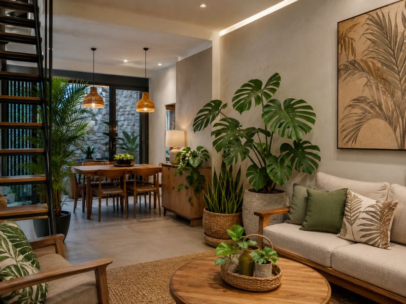 Phòng khách phong cách Tropical với cây Monstera, cây lưỡi hổ, sofa be và ánh sáng gián tiếp
