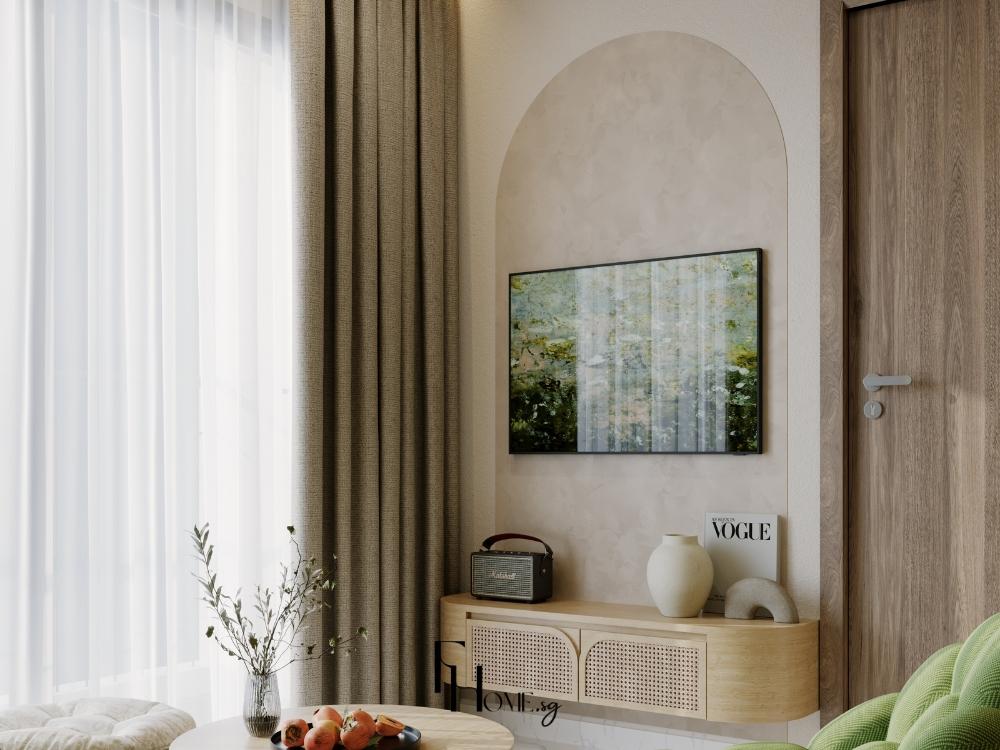 Phòng khách phong cách Tropical với cửa kính lớn và trần cao