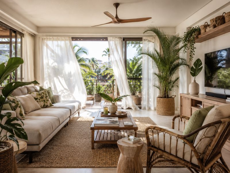 Phòng khách phong cách Tropical với cửa kính mở, rèm mỏng, cây xanh và nội thất mây gỗ