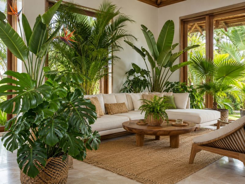 Phòng khách phong cách Tropical với nhiều cây xanh nhiệt đới, sofa trắng, bàn gỗ và thảm cói