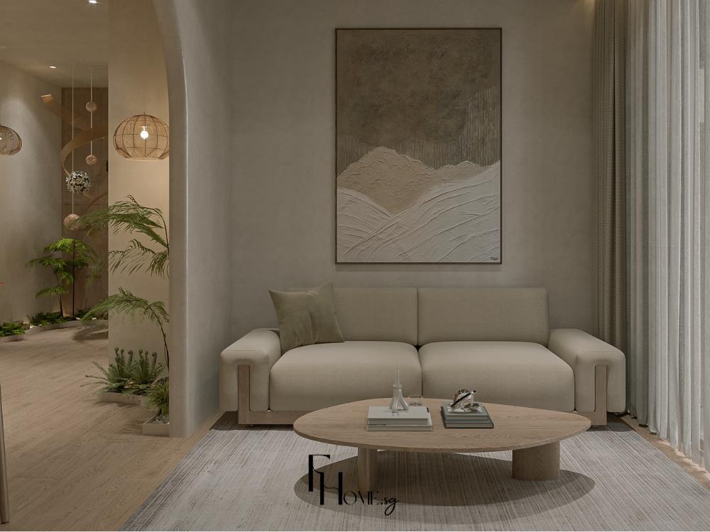 Phòng khách phong cách Tropical với sofa màu be, bàn trà gỗ tự nhiên