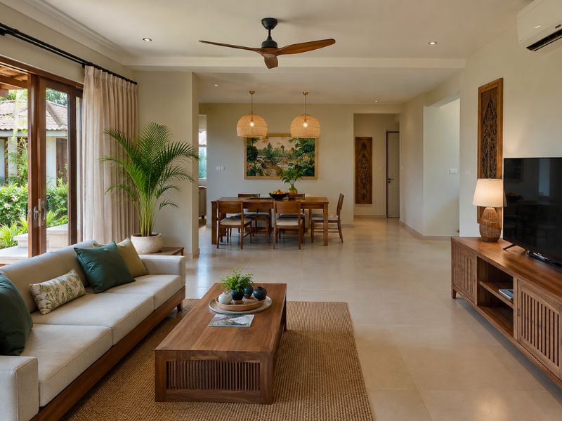 Phòng khách phong cách Tropical với sofa sáng màu, bàn gỗ, cây xanh lớn và lối đi rộng thoáng