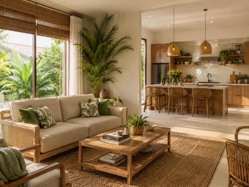 Phòng khách phong cách Tropical với sofa sáng màu, bàn trà gỗ, cây cọ lớn và khu bếp mở liền kề