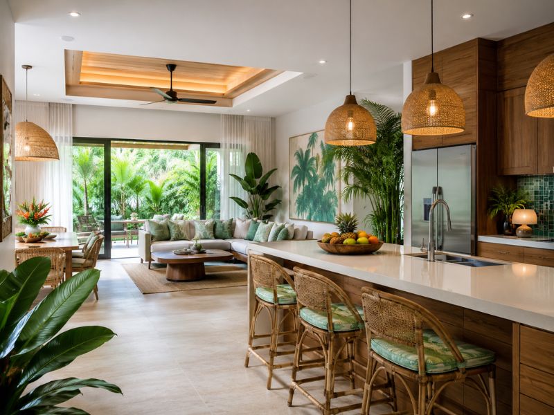 Phòng khách phong cách Tropical với tường xanh, sofa trắng, gối họa tiết lá và điểm nhấn xanh cam