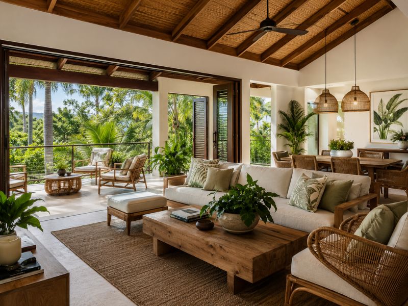 Phòng khách phong cách Tropical với trần gỗ, cửa kính lớn, bàn ghế mây và nội thất gỗ tự nhiên