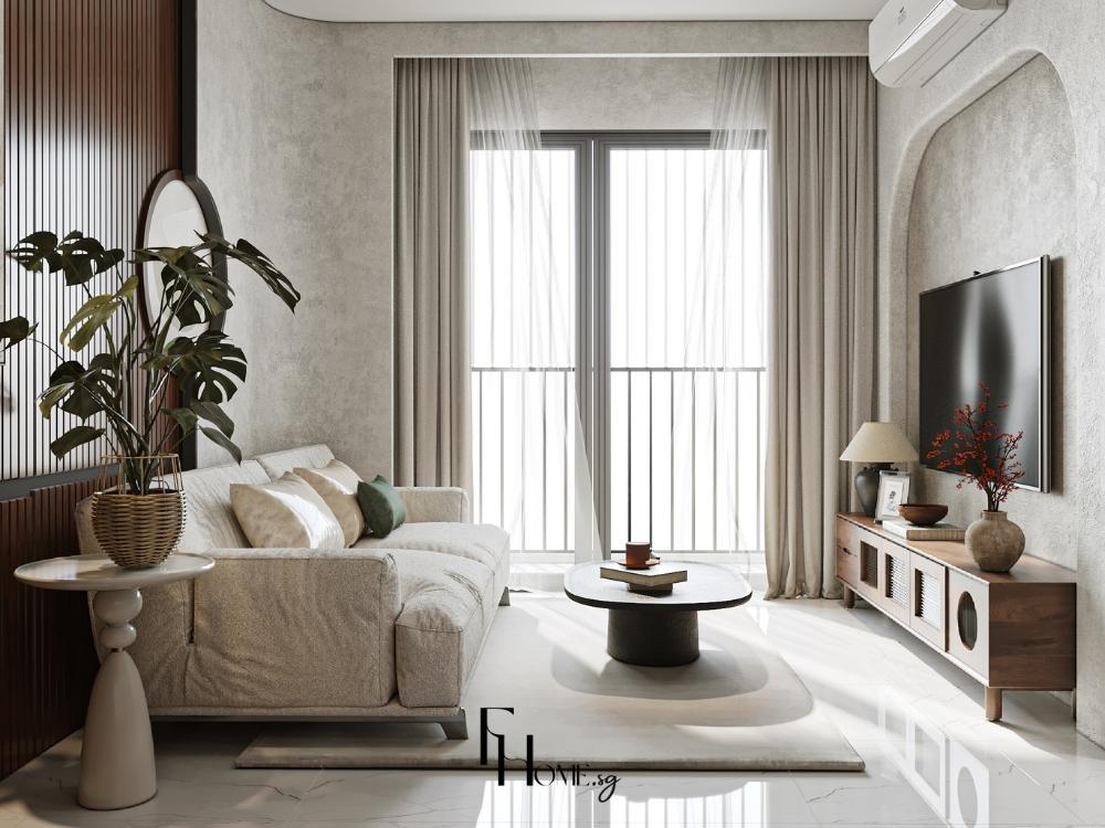 Phòng khách phong cách Wabi Sabi, thiết kế với gỗ tự nhiên, đá thô mộc, tường kết cấu đặc biệt và tông màu đất ấm áp.