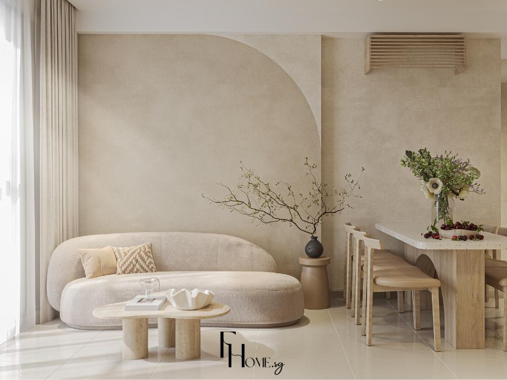 Phòng khách phong cách Wabi Sabi với sofa và bàn gỗ nguyên bản, mang nét thô mộc và gần gũi thiên nhiên