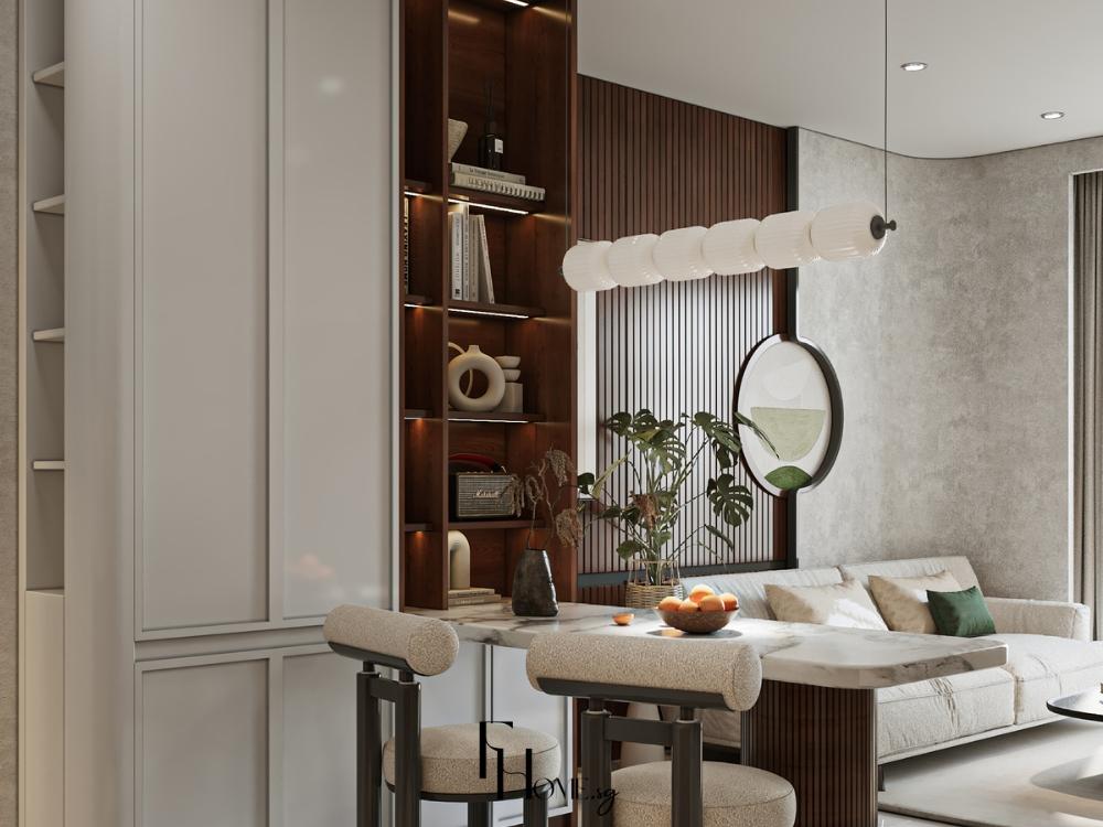 Phong khách phong cách wabi sabi với thiết kế liên thông phòng bếp