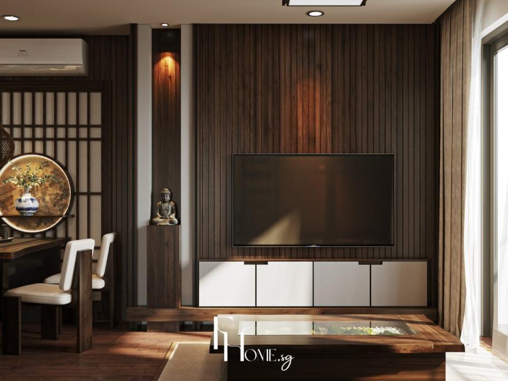 Phòng khách phong cách Zen với bàn gỗ tối màu