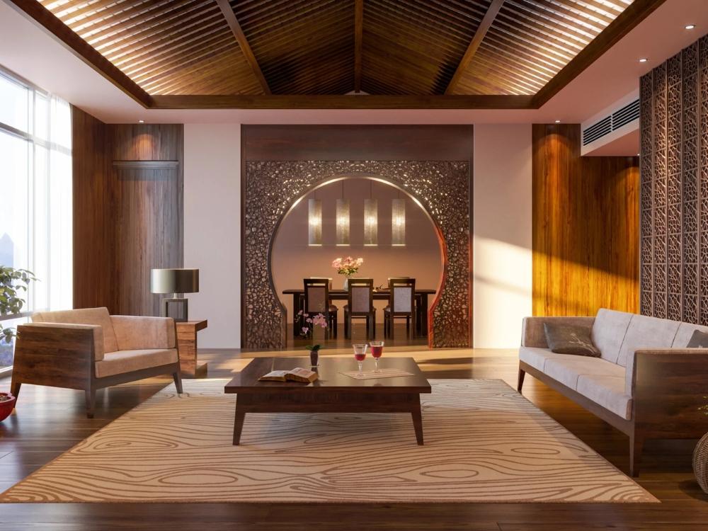 Phòng khách phong cách Zen với nội thất gỗ sáng màu, tre và đá cuội, kết hợp gam màu trung tính