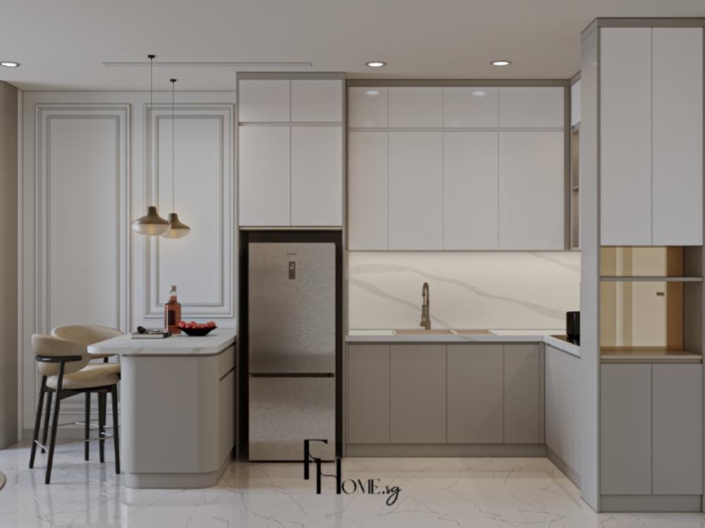 Phòng bếp tối giản với tủ bếp laminate, đá granite và quầy bar tích hợp tạo không gian gọn gàng và tiện dụng.