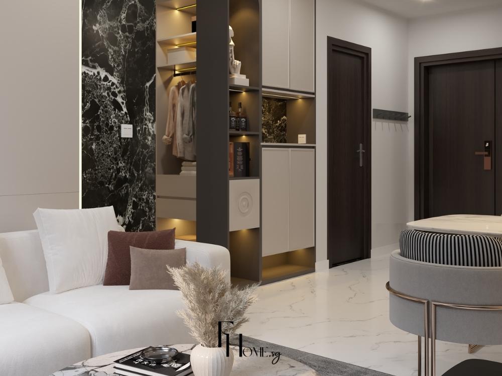 Phòng khách phong cách hiện đại với gam màu trung tính trắng, đen, xám, kết hợp kim loại và kính tạo không gian mạnh mẽ