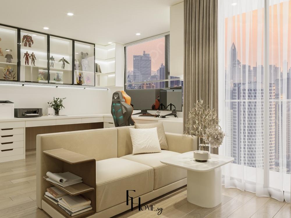 Phòng khách phong cách hiện đại với tông màu trung tính, đường nét tối giản và gọn gàng