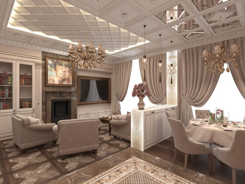 Phòng khách phong cách tân cổ điển màu vàng trắng sang trọng